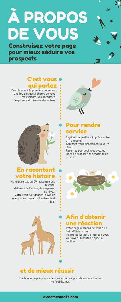 que mettre dans page à propos résumé d'une page à propos de vous parfaite. Infographie de Avec mes mots
